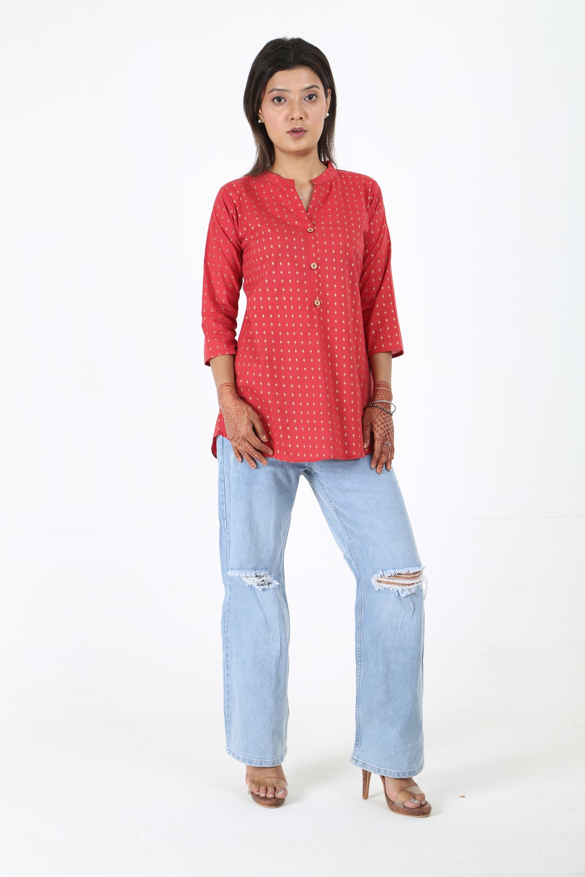 Printed Mandarin Collar Short Kurti