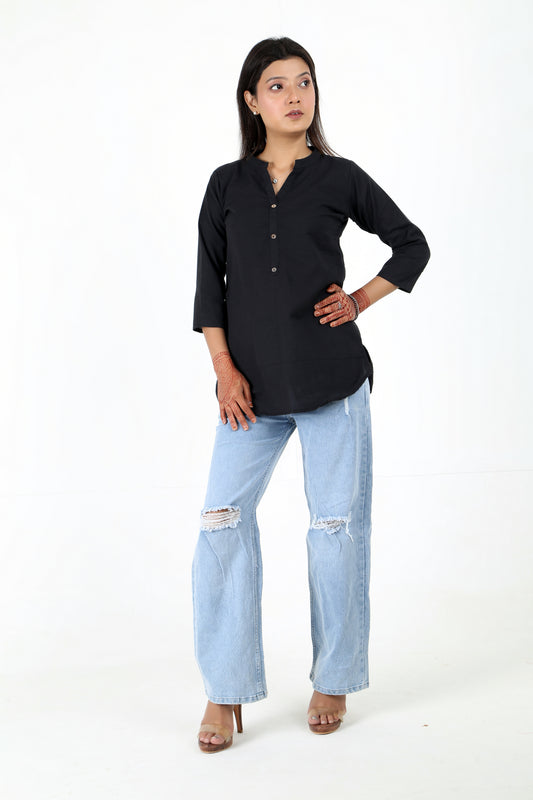 Black Solid Button Kurti