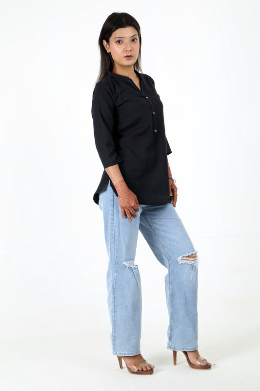 Black Solid Button Kurti