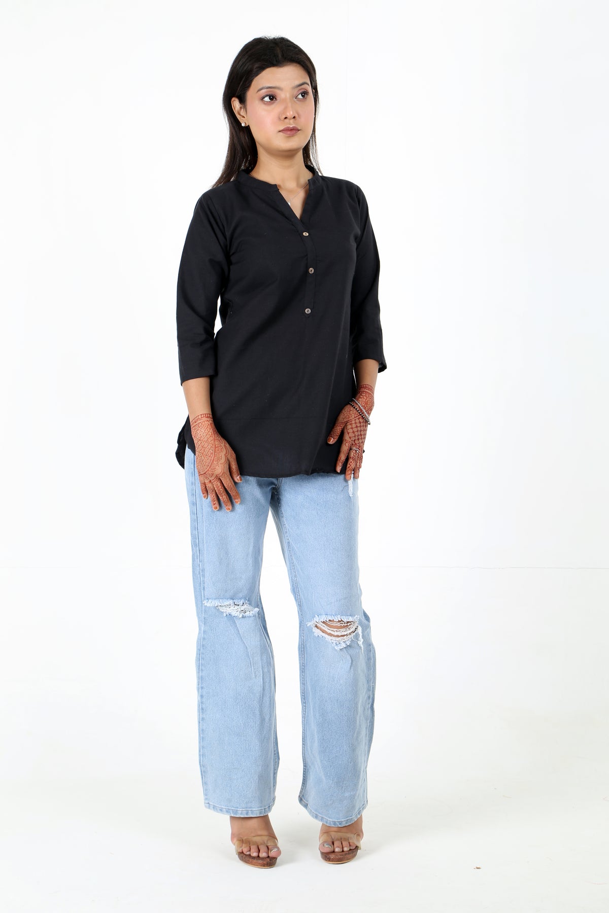 Black Solid Button Kurti