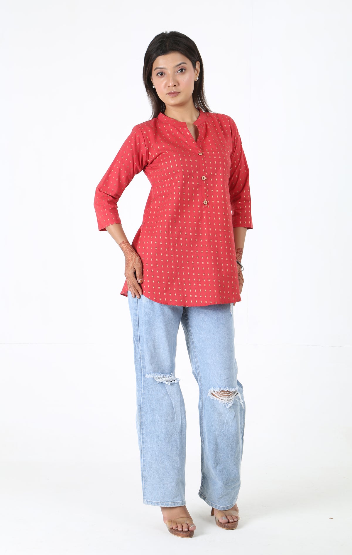 Printed Mandarin Collar Short Kurti