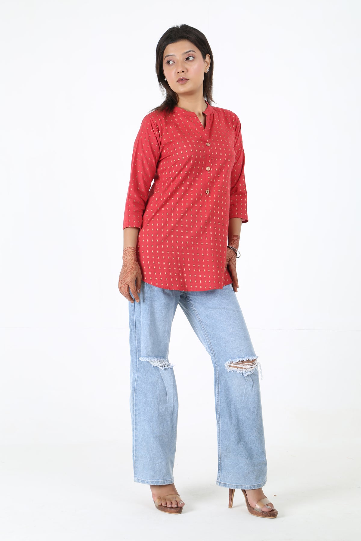 Printed Mandarin Collar Short Kurti