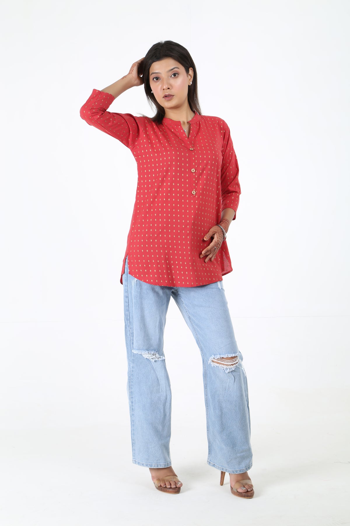 Printed Mandarin Collar Short Kurti