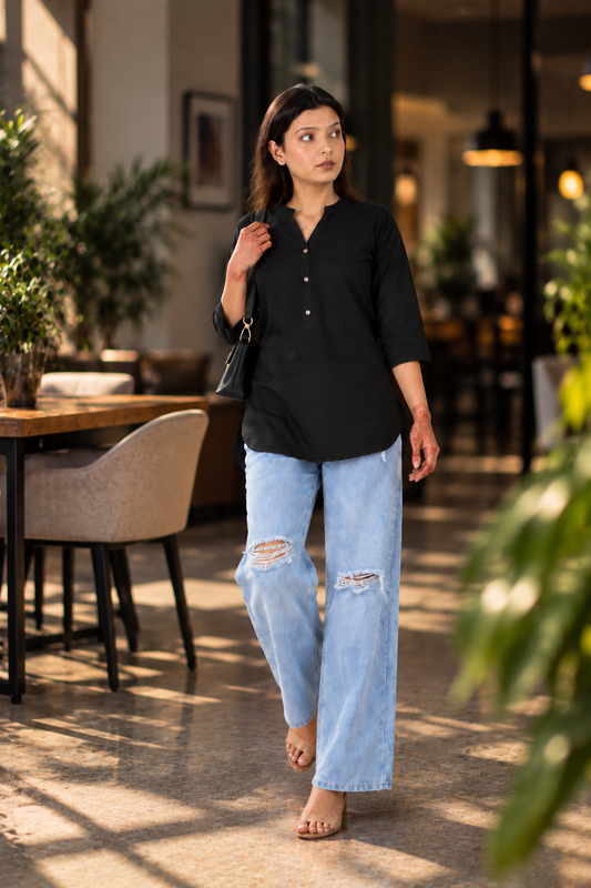 Black Solid Button Kurti